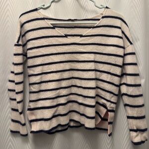 Navy blue and white striped V-Neck Sweater with slits on the sides